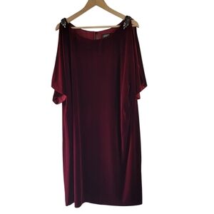 ADRIANNA PAPELL EVENING Burgundy Burnt Velvet Sheath Dress Sz 20W Beaded Luxury